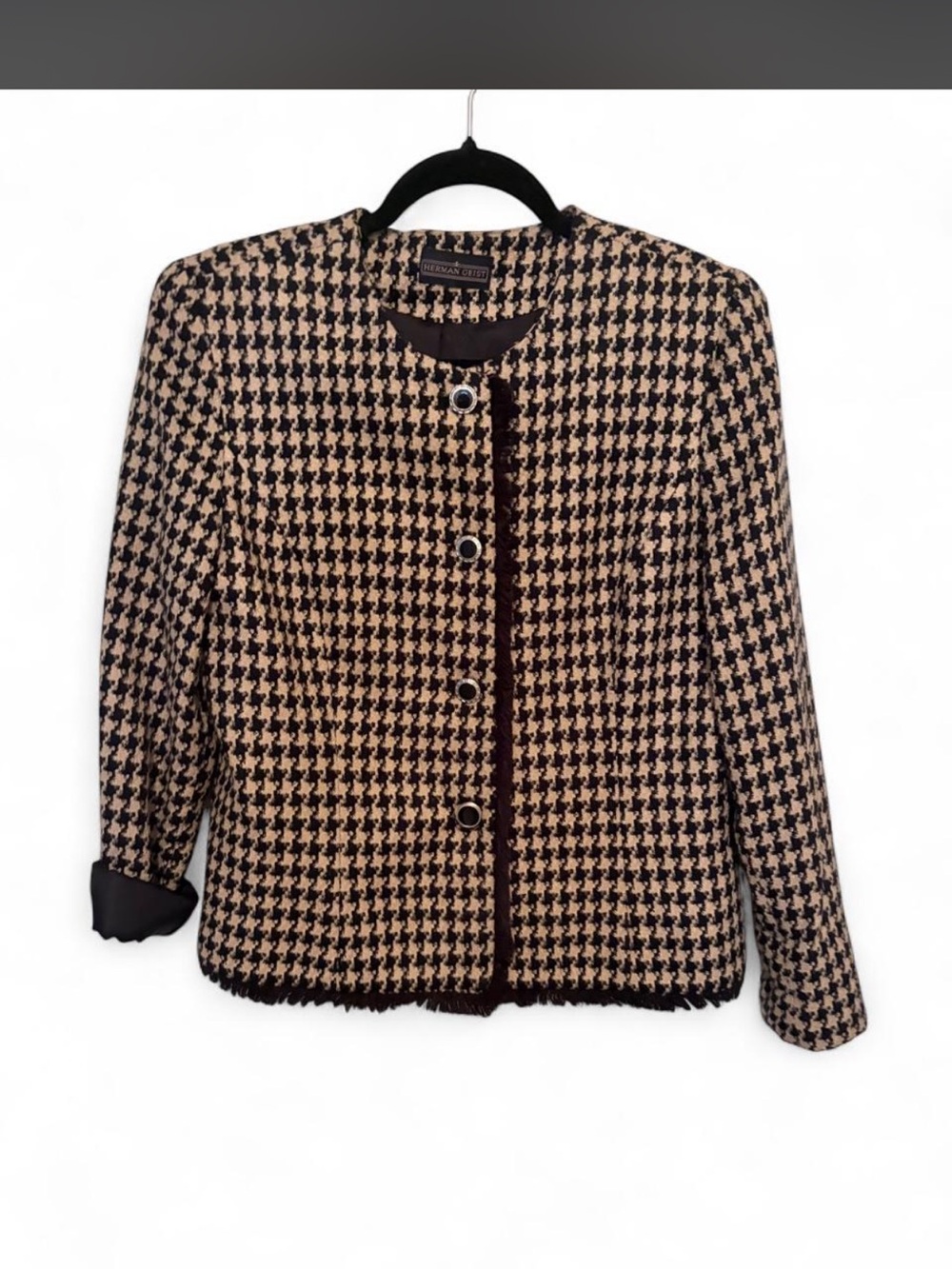 Herman Geist Black and Cream Houndstooth Collarless Blazer Jacket
